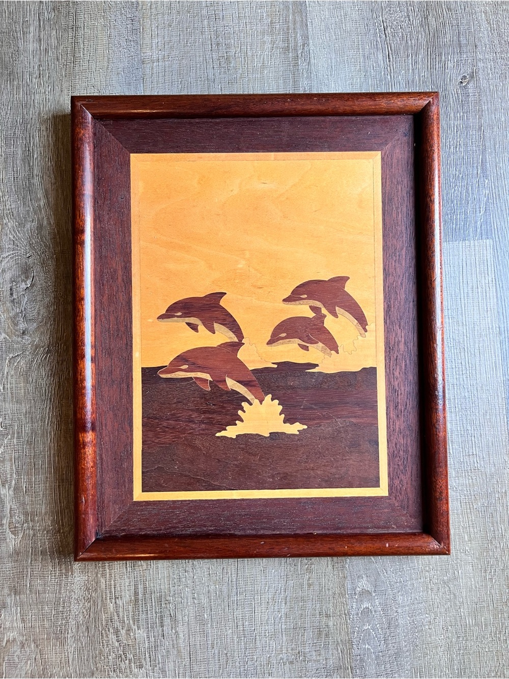 Hudson River wooden inlay wall decor jumping dolphins vintage MCM